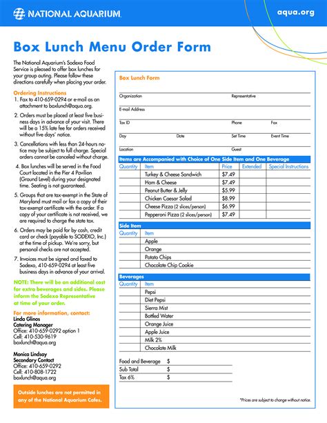 Kostenloses Printable Menu Order Form