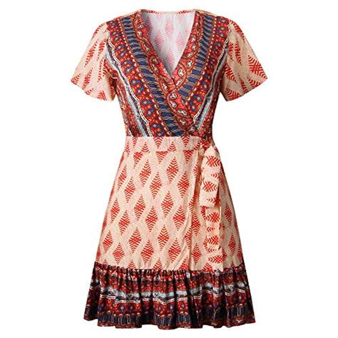 Zesica Womens Summer Wrap V Neck Bohemian Floral Print Ruffle Swing A Line Beach Mini Dress