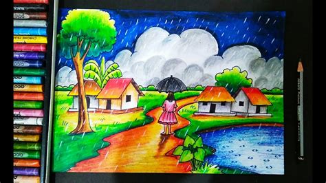 How To Draw Rainy Season Scenery For Kids Step By Step Art By