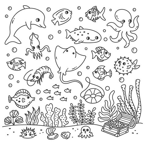 Premium Vector Set Of Cartoon Sea Animals In Doodle Style Easy