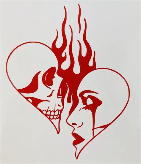 Broken Heart Skull Flames Red Vinyl Decal New T Etsy Broken