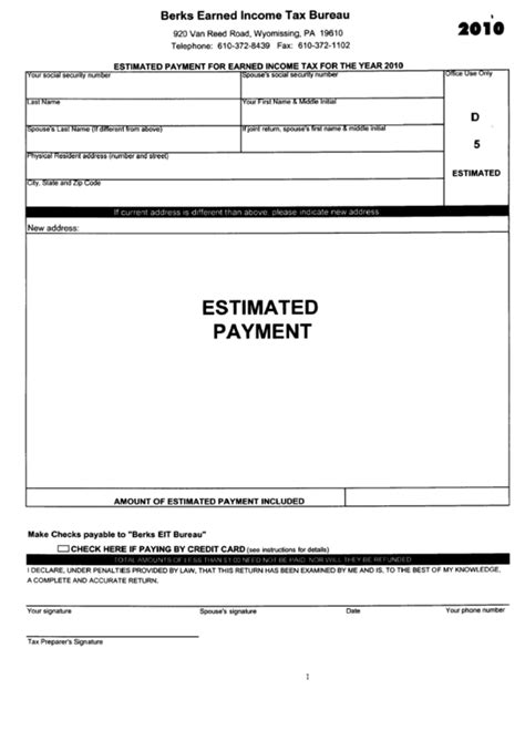 Estimated taxes don't have to be a quarterly source of frustration. Estimated Payment For Earned Income Tax Form For The Year 2010 printable pdf download