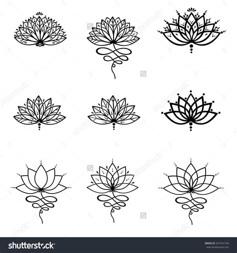 Set Ornamental Lotus Flower Vector Illustrtation Tattoo Patterned