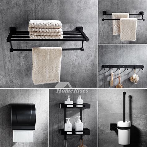 This is a rustic bathroom organizer made from reclaimed wood with two shelves and finished in an espresso stain and towel bar in black. 6-Piece Black Stainless Steel Wall Mounted Bathroom ...