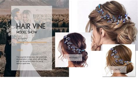 Yean Blue Wedding Headband Crystal Silver Long Hair Vine