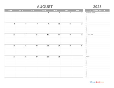 August 2023 Calendar With To Do List Calendar Quickly