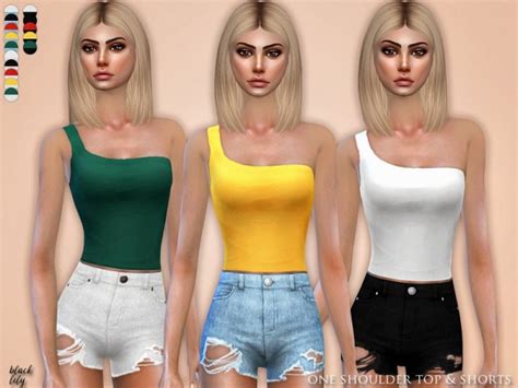 The Sims Resource One Shoulder Top And Shorts By Black Lily • Sims 4