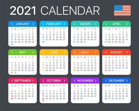 2021 Calendar Vector Template Graphic Illustration United States