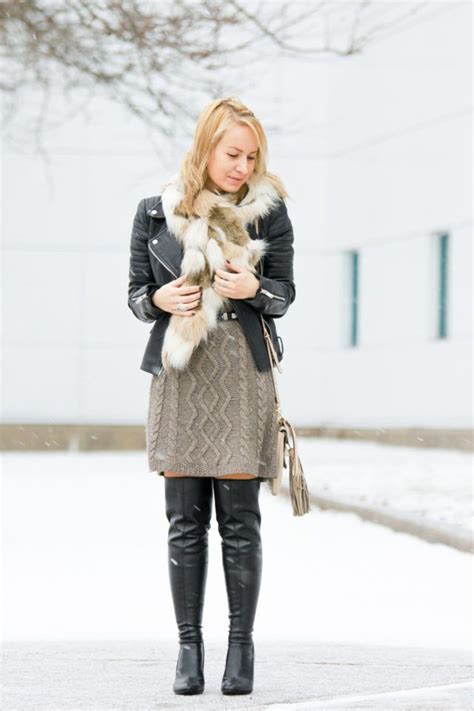 Sweater Dress With Biker Jacket And OTK Boots Girls Winter Fashion Winter Fashion Sweater