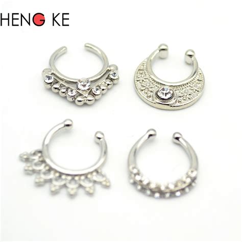 Women Fake Septum Pierced Jewelry Clicker Crystal Clear Gem Rhinestone