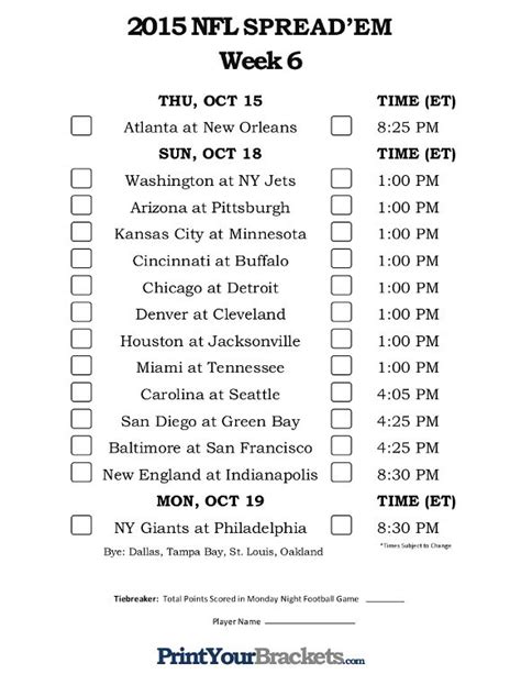 Week 6 Nfl Schedule Printable Customize And Print