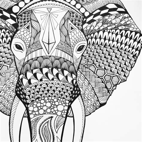 An Elephants Head Is Drawn In Black And White With Intricate Designs On It
