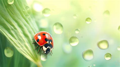 Little Ladybug Crawling On A Green Leaf With Raindrops Generative Ai