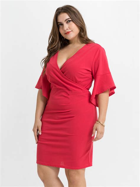 Plus Size Red Dress V Neck Flared Half Sleeve Polyester Summer Midi