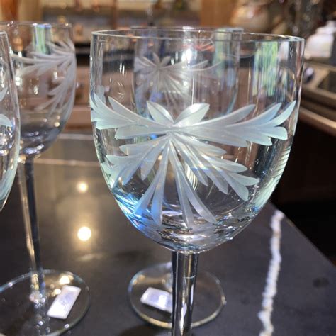 Vtg Set Of 4 Toscany Etched Hand Blown Crystal Long Stem Wine Glasses Romania Ebay
