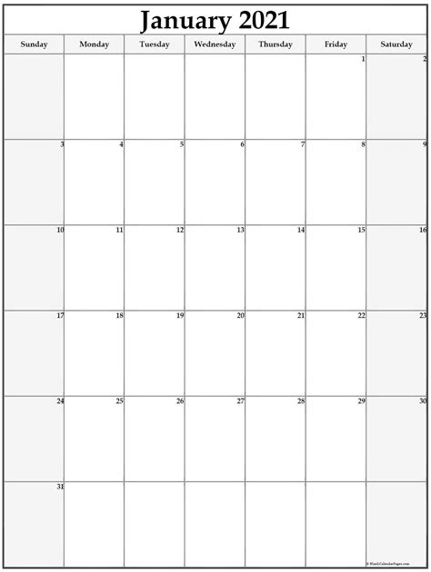 Twelve months of cute 2021 printable calendar templates. January 2021 Vertical Calendar | Portrait