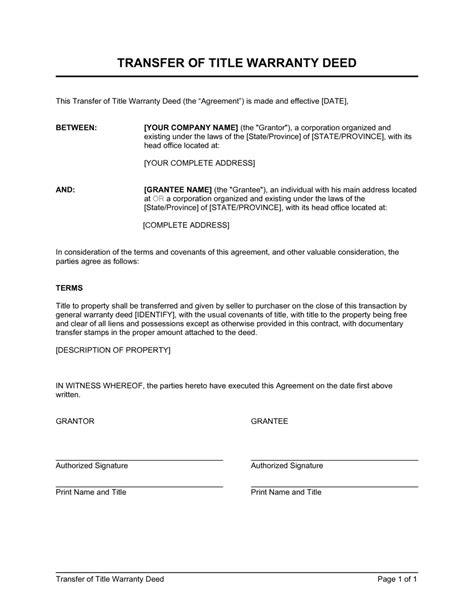 Transfer Of Title Warranty Deed Template By Business In A Box