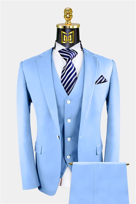 Men Wedding Suits Sky Blue Piece Suit Golden Button Slim Fit