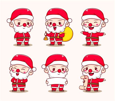 Set Cute Santa Claus Chibi Cartoon Character Isolated Background