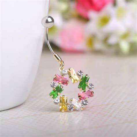 Funmor Colorful Zircon Copper Flower Navel Body Piercing Round Pendant Stainless Steel Belly
