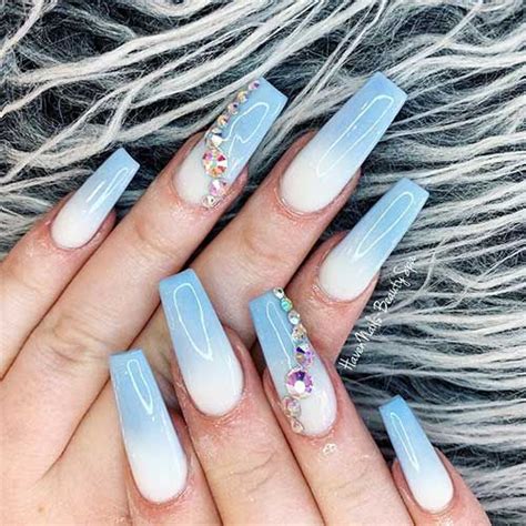 Cute White And Light Blue Ombre Nails Coffin Shaped Set With Accent Light Blue Ombre Coffin Nai