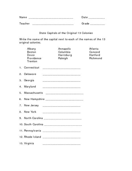 State Capitals Of The Original 13 Colonies Worksheet For 4th 6th