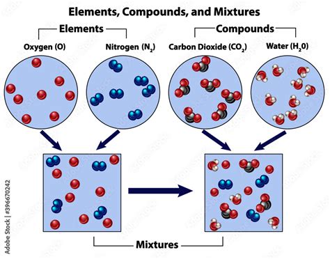 Stockvektorbilden Two Elements And Two Compounds Compared With Mixtures