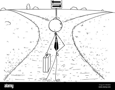 cartoon stick man ilustración dibujo del hombre de negocios de pie en el cruce de caminos y