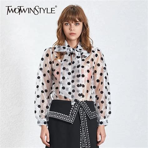 twotwinstyle casual perspective polka dot women blouse bow collar lantern sleeve loose shirt