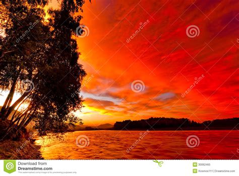 Red Sunset Sky Over The River Katun Altai Stock Image Image Of Scene