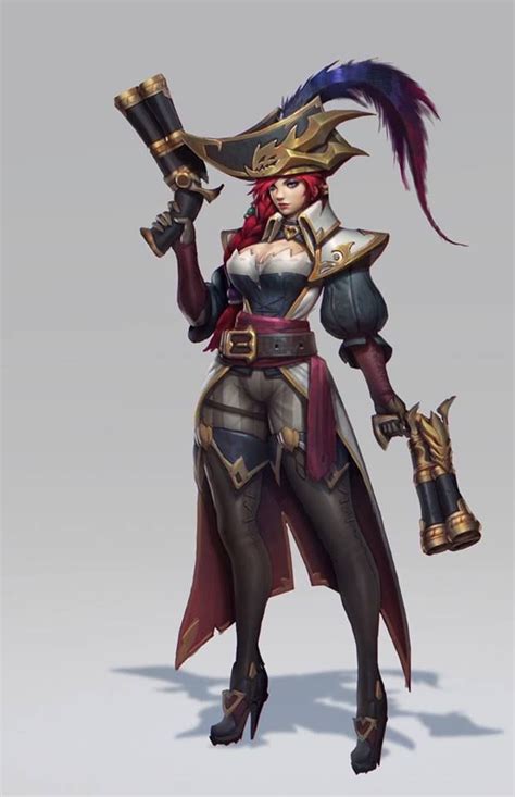 A Female Character With Red Hair And An Elaborate Hat Holding Two Large Metal Objects