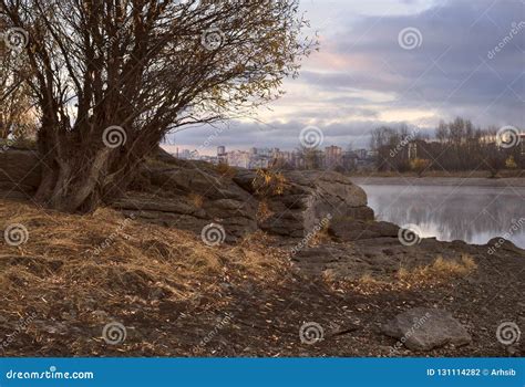 The Rocky Bank Of The Ob River In The Fall Near Novosibirsk Stock Photo