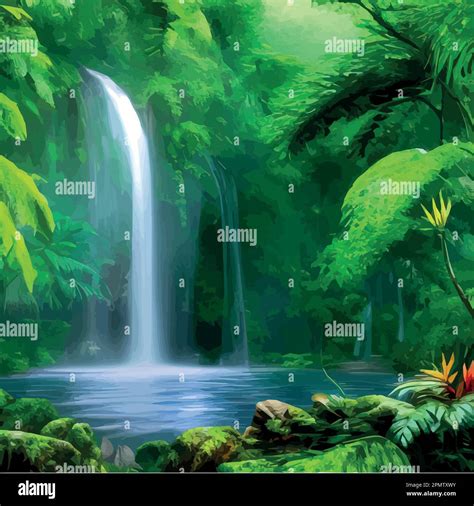 Spring Landscape With Waterfall In Tropical Forest Vector Illustration