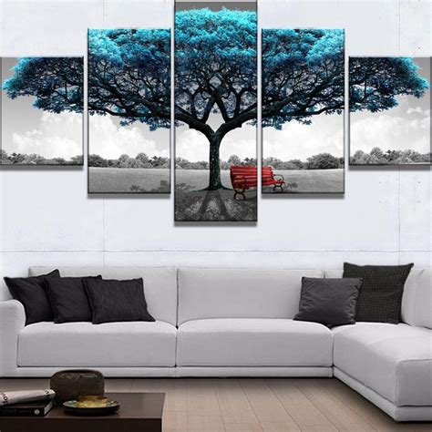 Black And White Blue Tree Nature 5 Panel Canvas Art Wall