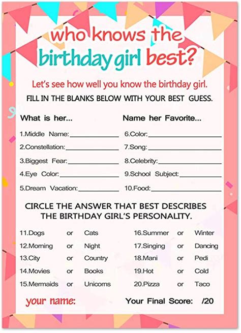 Who Knows The Birthday Girl Best Birthday Girl Games 20 Game Cards Hom Girls