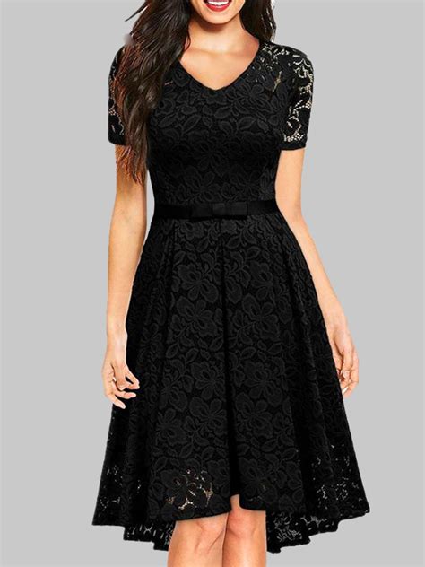 Black Lace Bow V Neck Short Sleeve Cocktail Party Midi Dress Midi Dresses Dresses