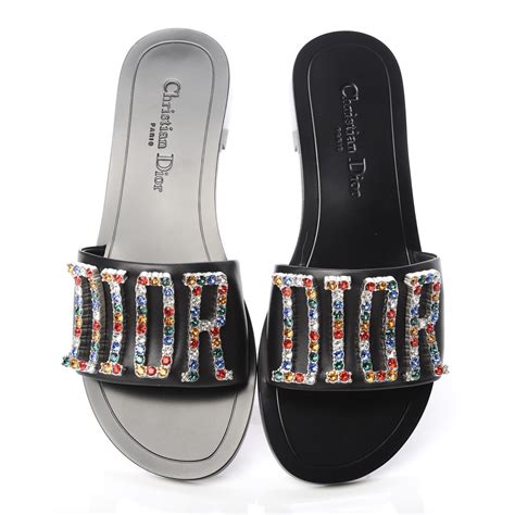Christian Dior Calfskin Crystal Diorevolution Slide Sandals 37 Black