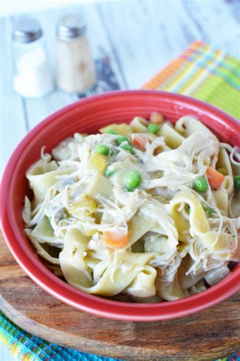 Put in baking dish with cream chicken, cream celerey soup plus peas, carrots & diced potatoes.cover & cook for 30 min 350 in oven. Slow Cooker Creamy Chicken and Noodles Recipe - The Rebel Chick