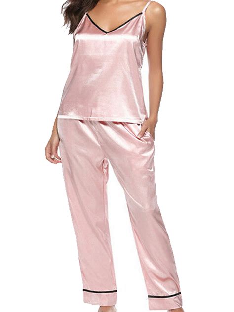 Fiomva Women Ladies Silk Satin Pajamas Set Sleeveless Topspants
