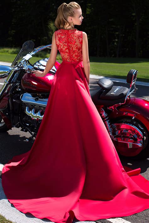 Charming A Line V Neck Sleeveless Red Satin Long Prom Evening Dress With Lace On Storenvy