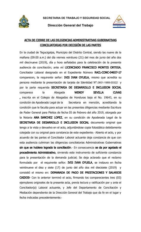 Acta de conciliacion laboral SECRE SECRETARIA DE TRABAJO Y SEGURIDAD SOCIAL Dirección General