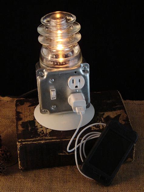 Upcycled Glass Insulator Lamp With Outlet For Phone