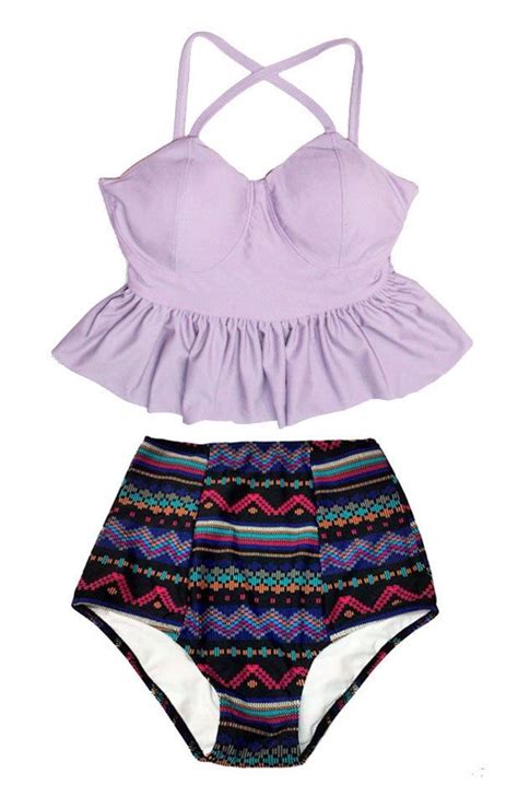 Lavender Violet Long Peplum Top And Black Aztec Tribal High Waist Waisted Bottom Swimsuit