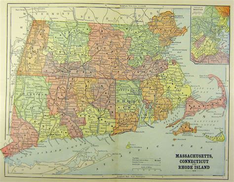Antique Map Of Massachusetts Connecticut By Skippididdlepaper