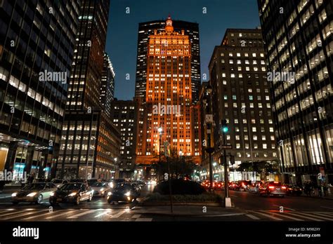 Usa New York City Skyscrapers At Night Stock Photo Alamy