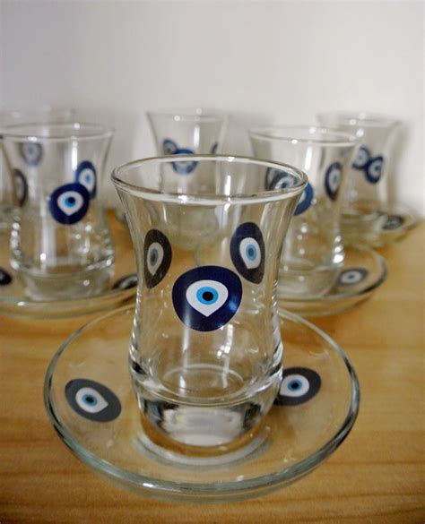 Traditional Turkish Tea Set Of Glass Cups Saucers W Evil Eye