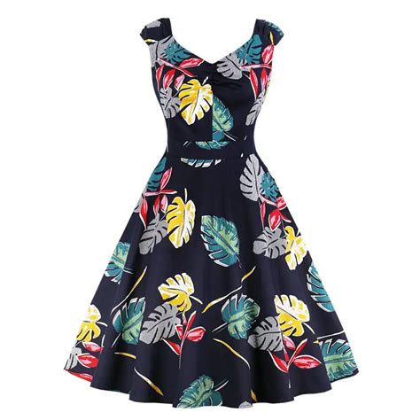 2018 Plus Size Womens V Neck Retro Dress Dot Floral Printed Sleeveless 50s 60s Housewife