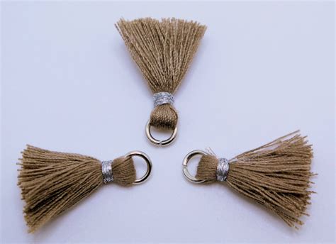 Khaki Tassels Cotton Jewelry Tassels With Silver Binding And Silver Toned Brass Jump Rings