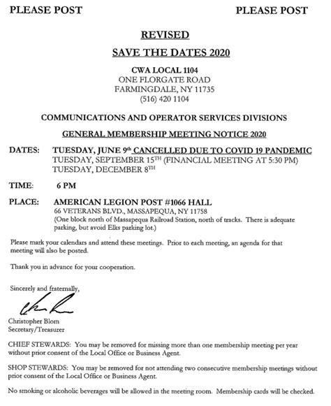 June Meeting Canceled Cwa 1104