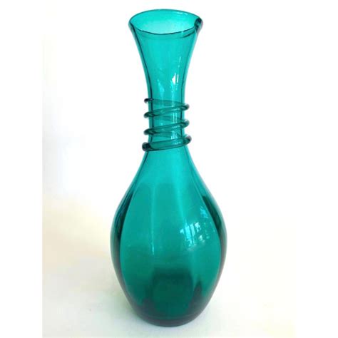 Vintage Mid Century Modern Teal Turquoise Etruscan Style Hand Blown Art Glass Bottle Vase Chairish